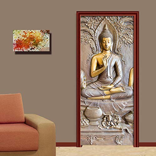 Door Stickers Murals Golden Buddha Statue Self-Adhesive Door Decals 3D Wall Sticker Reusable Wallpaper Peel and Stick Vinyl Door Mural Decals for Home Decor 88X200Cm