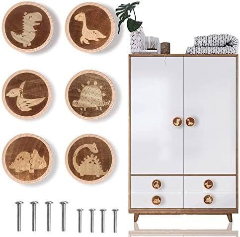 ziyue 6 Pack Wooden Drawer Knobs(40MM/1.57"), Dinosaur Wooden Knobs for Nursery Room, Kids Dresser Knobs Cabinet Pulls Handles with 8 Screws