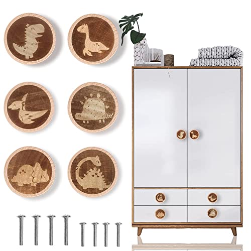 Ziyue 6 Pack Wooden Drawer Knobs(40Mm/1.57"), Dinosaur Wooden Knobs For Nursery Room, Kids Dresser Knobs Cabinet Pulls Handles With 8 Screws #TOP6