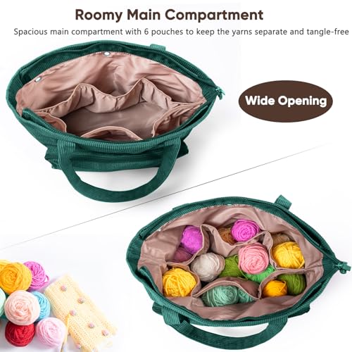 Image of Large Yarn Tote Organizer - Corduroy Knitting Storage Holder for Yarn, Hooks & Accessories, Portable Craft Carryall for Crocheting Lovers, Mother's Day Gift