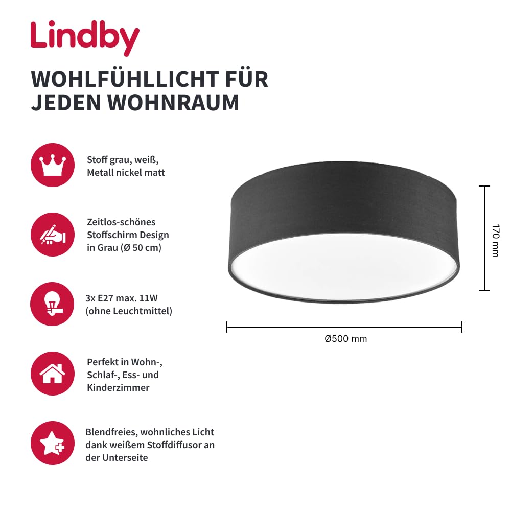Lindby Textil Deckenleuchte rund 50 cm, Deckenlampe Stoff grau 3x E27 max. 11W ohne Leuchtmittel Schlafzimmerlampe Wohnzimmerlampe