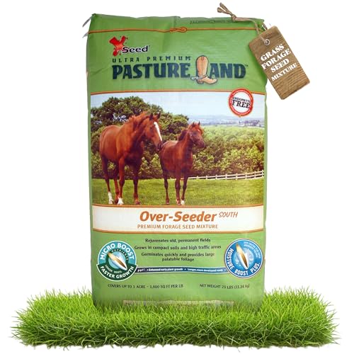 X-Seed Pastureland Over-Seeder South with Micro-Boost – Forage Grass Seed Mix for Pasture, No Mow Lawn, Perennial Ryegrass, Red and White Clover, Sprouting Endophyte Free for Animal Safety, 25LB