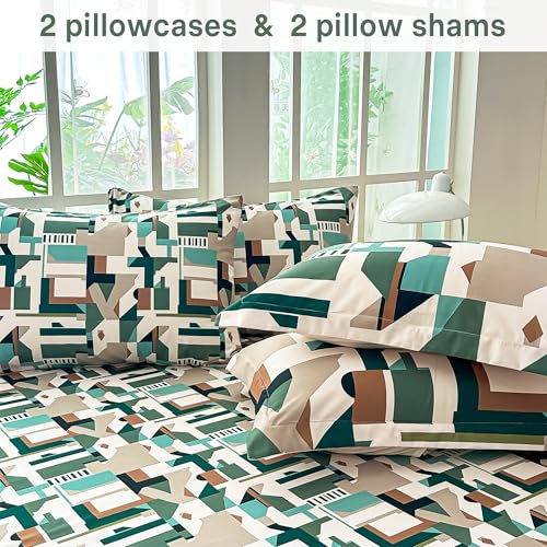 Image of lasoftan Geometry Queen Comforter Set with Sheets, 7 Piece Luxury Vintage Bedding, Soft Microfiber Bed in a Bag, Cozy Lightweight Bed Set, Brown Green Geometry