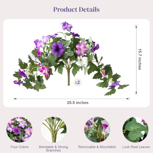 Flortevera Artificial Fake Flowers Plants for Outdoor UV Resistant, 2PCS Silk Faux Petunias No Fade Summer for Outside Planter Front Door Porch Yard Patio Balcony Realistic Decoration Purple White — view 2