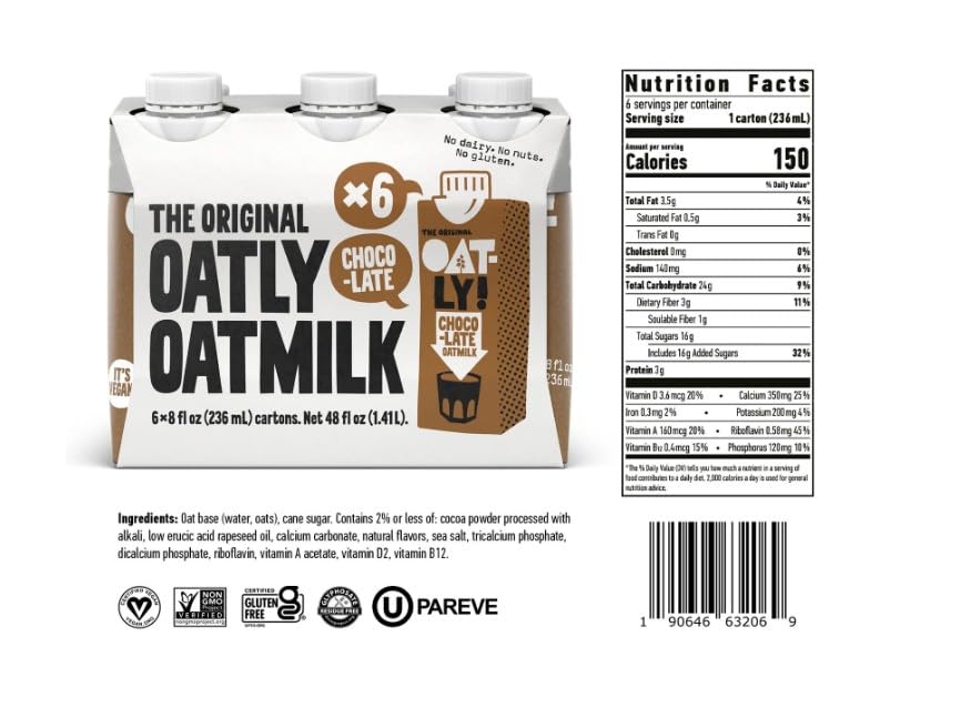 The Original Oatly Chocolate Oatmilk, Dairy-Free Milk - 8floz., 12 pack