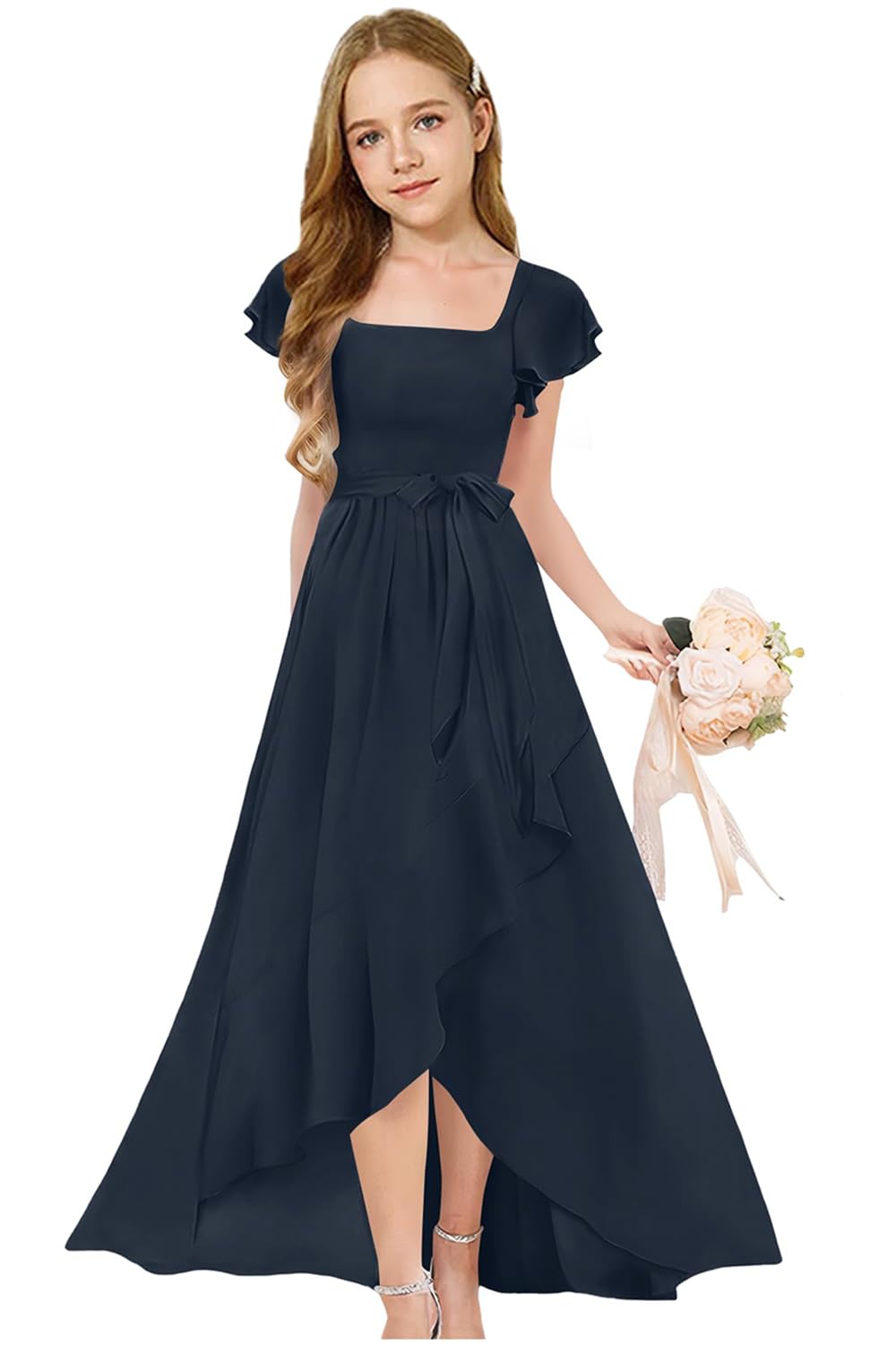 Augday Short Sleeves Junior Bridesmaid Dresses for Wedding Chiffon Flower Girl Dress for Wedding Party Pageant Gown