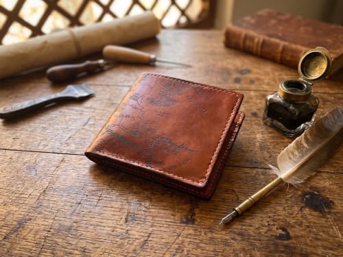 Image of Vintage Handmade Mens Wallet - Genuine Leather Bifold with Map Engraving, Customizable Gift - 7FR