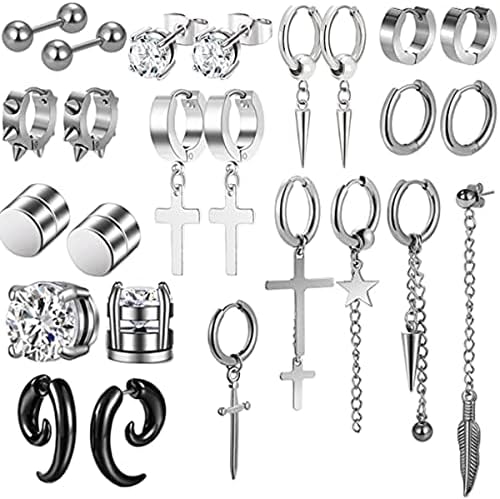 25 Pcs Black Earrings Set For Men Stud Earrings For Men Hoop Cross Dangle Studs Circle Back Screw Multipack Star And Leaf Metal for Earrings Men Women (25 Pieces Silver)