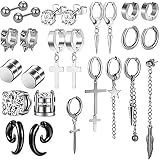 25 Pcs Black Earrings Set For Men Stud Earrings For Men Hoop Cross Dangle Studs Circle Back Screw Mu