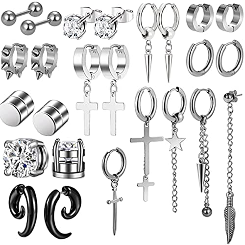 25 Pcs Black Earrings Set For Men Stud Earrings For Men Hoop Cross Dangle Studs Circle Back Screw Multipack Star And Leaf Metal For Earrings Men Women (25 Pieces Silver) #TOP1