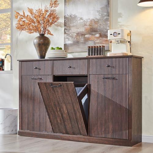 Image of IFBUY Triple Tilt Out Laundry Hamper Cabinet, Trash Can Cabinet, Brown