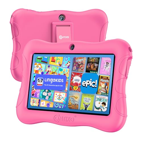 Image of Contixo V9 Kids Tablet, 7 inch HD Android Tablet with Parental Controls, Pink | 7 inch HD display, Android 11, 32GB storage, Wi-Fi, dual cameras, parental controls, protective case, ages 3-7.