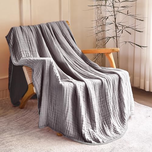 Image of SANACYNA Muslin Blankets 100% Cotton 6-Layer Gauze Gray Grid Bed Blanket Lightweight Soft and Breathable King Blanket for Sofa Bed Coverlet Both Sides (Grey, Baby 30 inchx40 inch)