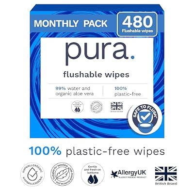 Pura XL Flushable Adult Wipes Unscented, Extra Large Family Wet Wipes with Aloe Vera & 99% Water, Sensitive Skin, 12 Pack of 40 (480 Wipes), Personal Hygiene Toilet