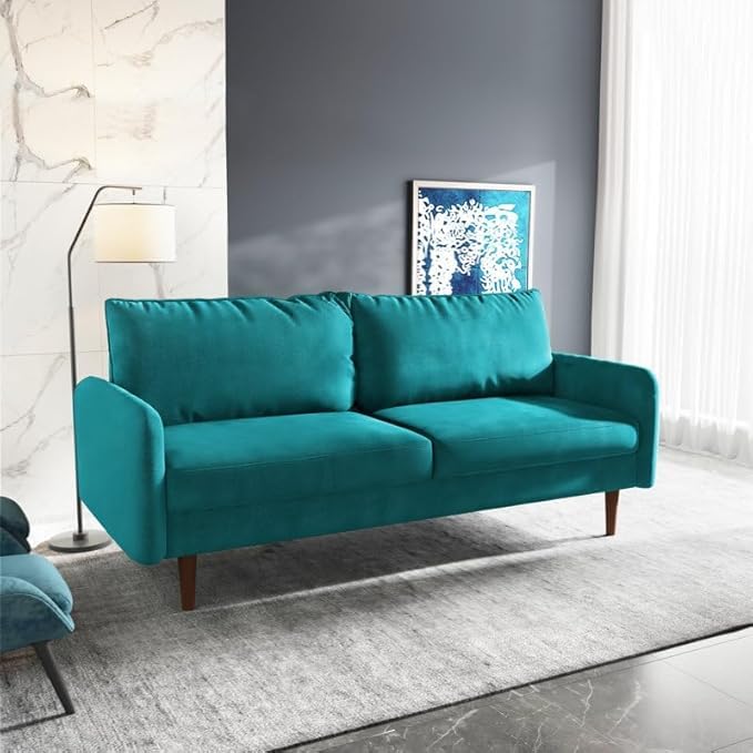 Image of Morrone Velvet Loveseat 3-Seater Sofa, Modern Upholstered Couch for Living Room, Bedroom and Office, Plush Cushion Accent Seating Furniture (Teal, 3 Seater)