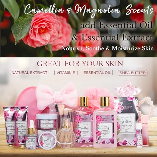 Image of 27 Pcs Spa Day Gifts Basket for Women, Camellia & magnolia Bath and Body Gift, Facial Skin Care Set, Self Care Pampering Kit, Face Serum, Lip Care, Home Spa, Birthday, Mother Day, Bridal Shower