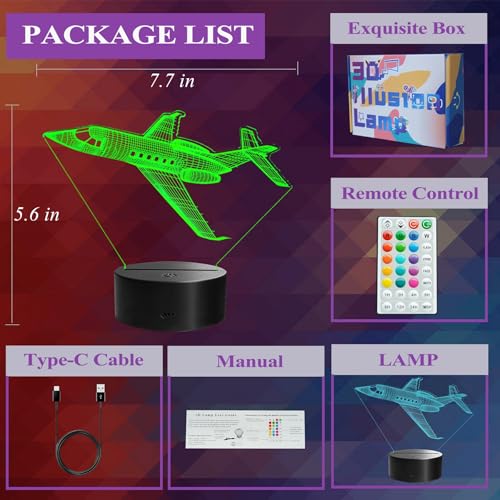 Image of Plane Night Light, Airplane Gifts for Boy, 3D Night Light with Remote Control, 16 Colors Changing, RGB Flashing Mode and Dimmable, Pilot Gifts for Boys Christmas Decor