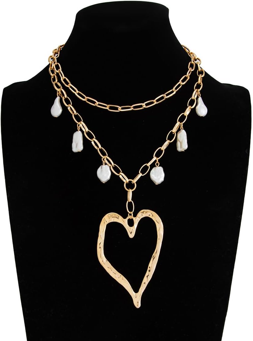Chunky Gold Heart Necklace for Women Unique Big Hollow Heart Necklace Baroque Pearl Charm Choker Necklace - Image 7