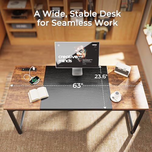 Huuger 63 x 24 inch Desk with Power Outlets & USB-C, Deeper & Thicker Desktop, Robust Metal Tubes, Computer Desk, Heavy Duty Office Desk, Gaming Desk for Home Office, Rutsic Brown and Black