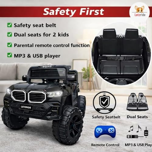Image of Kids Electric Ride-On Car for 1-6 Years | Battery Operated with LED Lights, Music, Remote Control & Rechargeable Battery | 4-Wheel Drive Toy Car for Boys & Girls (Black)