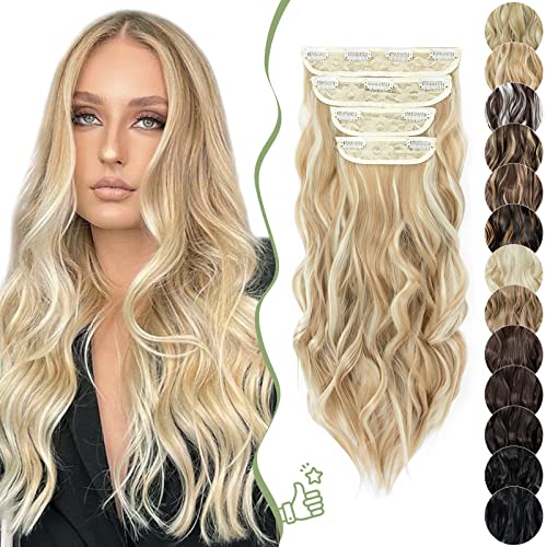 SEGO Clip In Hair Extensions 22 Inch 4PCS Thick Clip In Hair Hairpieces 180g Long Wavy Hair Extension Synthetic Full Head For Women, Dark Blonde & Bleach Blonde
