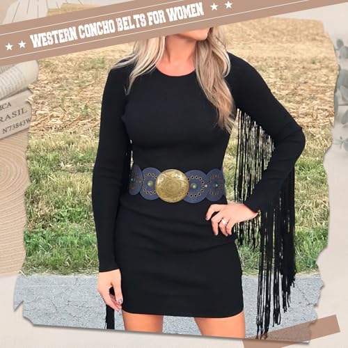 Image of XZQTIVE Western PU Leather Belts for Woman Concho Cowgirl Cowboy Disc Belt for Ladies Wide Boho Country Waist Belts for Dress