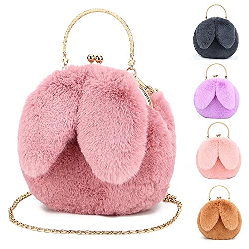 SQUICKLE Cute Soft Rabbit Ear Sling Hand Bag With Smooth Zipper,Cross Body Bag For Girls,Clutch Purse with Gold Metal Chain Strap, Plush Side Bag, Shoulder hand Purse-Pack Of 1(Multi color)