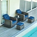 Patio Glider Swivel Rocker Sets: 5piece Patio Furniture Sets, 360° Swivel Rocking Chairs with Ottoman, Rust-Resistant Cushion -Perfect for Backyard/Deck/Porch/Balcony Decors- Gray Wicker,Blue Cushion