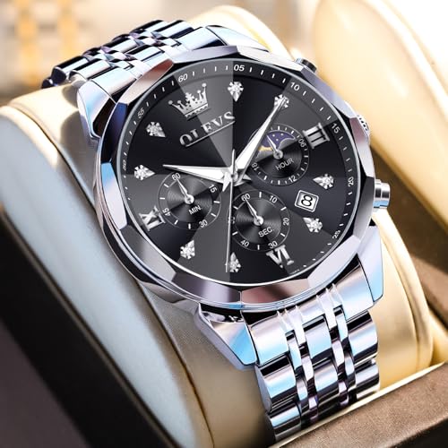 Image of OLEVS Watches for Men Stainless Steel Dress Men Watch with Date Big Face Chronograph Waterproof Luxury Fashion Watch Blue /Black /Gold /Green /Silver Face Relojes para Hombres