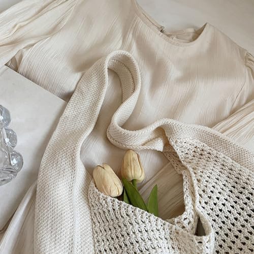 Floral Crochet Shoulder Bag Casual Hollow Out Knit Tote for Women(Apricot)2