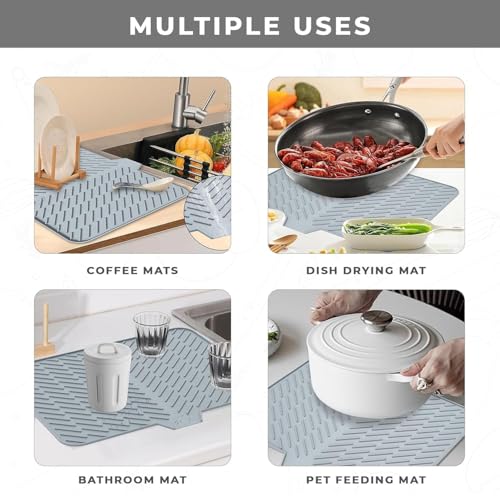 Image of SR Dish Drying Mat for Kitchen Silicone Mat for Utensils Drying Organiser- Large Size with Built in Drain Lip Protects Countertops Surfaces Prevents Water Build Up(Grey)