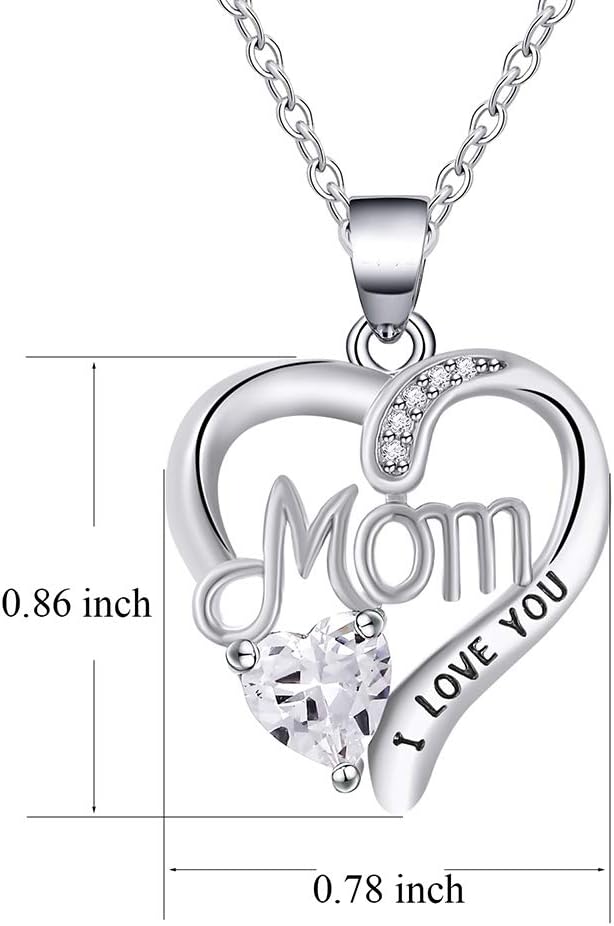 UEUC I LOVE YOU Mom Birth Stones Necklace, Silver Love Heart Pendant Necklace for Mom, Necklace Gift for Mother with 18''+2'' Chain - Image 2