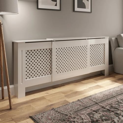 DuraTherm® Radiator Cover White Painted Traditional Cross Slat Shelves MDF Cabinet Shelf for Radiators, Living Rooms, Bedrooms, Adjustable