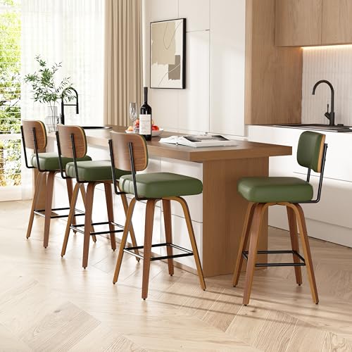 Image of Swivel Bar Stools Set of 4, 26 inch Upholstered Faux Leather Counter Height Barstools with Walnut Back & Bentwood Legs, Mid Century Modern Bar Chairs Island Stools for Kitchen Counter, Green