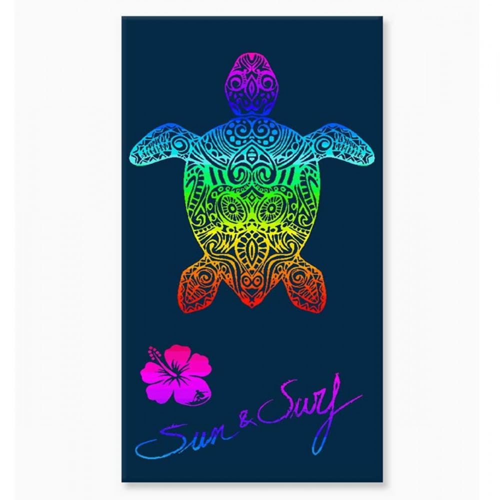 Alpes Blanc Serviette de Plage Tortue Multicolore sur Fond Bleu 140x200 cm en Coton Égyptien Jacquard – Drap de Plage XXL