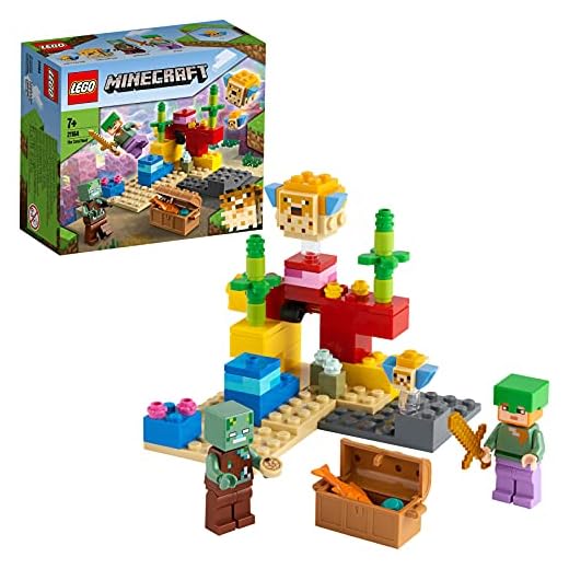 LEGO 21164 Minecraft Le Récif Corallien, Jouet de Construction avec Figurine de Alex et d'un Zombie Noyé, 2 Poissons Globes, Épée et Coffre au Trésor