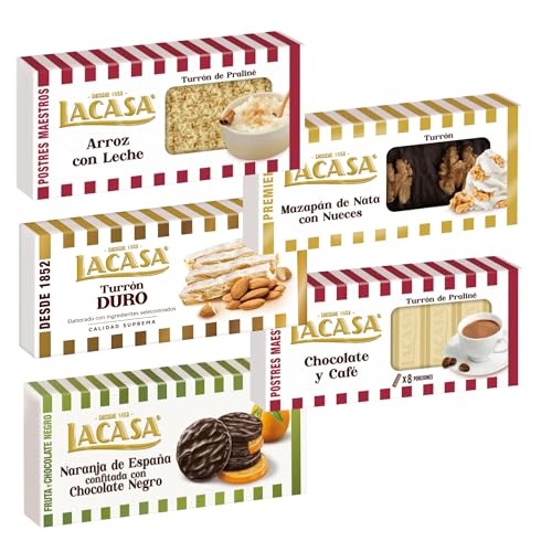 Pack Surtido 5 Turrones Lacasa:Mazapán de Nata con Nueces, Naranja de España Confitada con Chocolate Negro, Arroz con Leche, Chocolate y Café, Duro