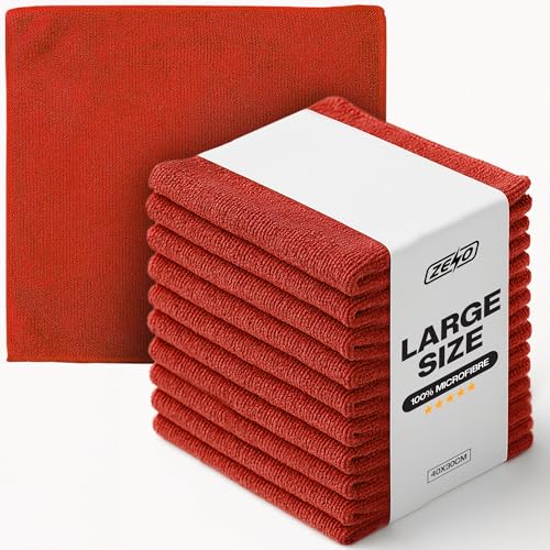 ZENO Microfibre Cloth 40 X 30CM | Cleaning Cloths | Ultra Absorbent Microfiber Cloths | Lint Free Microfibre Cleaning Cloth | Streak Free, Scratch Free Cloths for All Surfaces (20, Red)