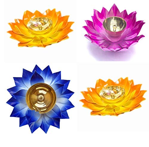 Diya lotus en laiton peint multicolore Frienemy pour fête de Diwali