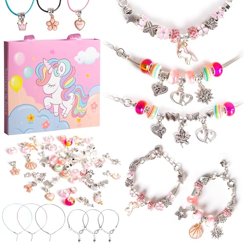 Unicorn Gifts for Girls Charm Bracelet Making Kit for Girls Jewellery Making Kit Girl Toys Christmas Stocking Fillers Kids Craft Set Birthday Presents Gifts for 5 6 7 8 9 10 Year Old Girl Pink