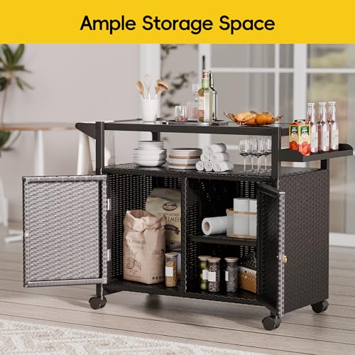 MU Outdoor Bar Cart with Storage and Wheels, Outdoor Bar Table with Tempered Glass Top & Shelf, Rolling Wicker Storage Cabinet with Rounded Handle & Side Basket for Backyard, Poolside, Garden, Black - Thumbnail 3