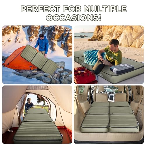 Image of Detachable Tri Folding Sleeping Pad for Camping, Ultra-Thick 5.5 Inch Air Mattress, Quick Inflate, Zipper Design for Detachment, Machine Washable, Family Pad for Camping & Traveling, Green