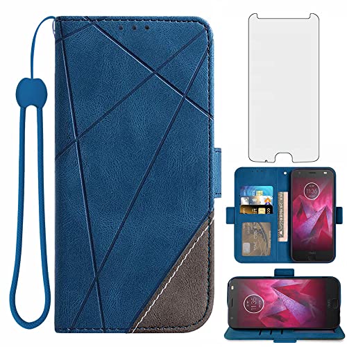 Asuwish Compatible with Moto Z2 Force Wallet Case and Tempered Glass Screen Protector Lanyard Leather Flip Card Holder Stand Cell Phone Cover for Motorola MotoZ2Force Droid MotoZ2 Z2Force Z 2 2Z Blue