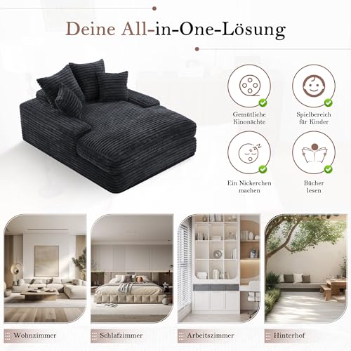 MOBETTRES Cord Sofa, modernes Design, 4 Kissen, ultraweiches & multifunktionales Schlafsofa, ohne Montage sofort nutzbar als Sofa oder Bett, platzsparend für Wohnzimmer, Apartment, Grau.