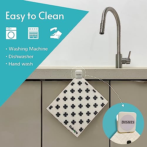 Image of Eulnars Reusable Paper Towels, 8-Pack Swedish Dishcloths for Kitchen with 3 Clips, Black White, Cotton, 200 Washes