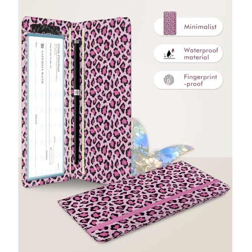 Image of Checkbook Cover for Men Women, Premium Leather Checkbook Holder with RFID Blocking and Built in Clear Plastic Divider for Personal and Business Checks (Leopard-Pink)