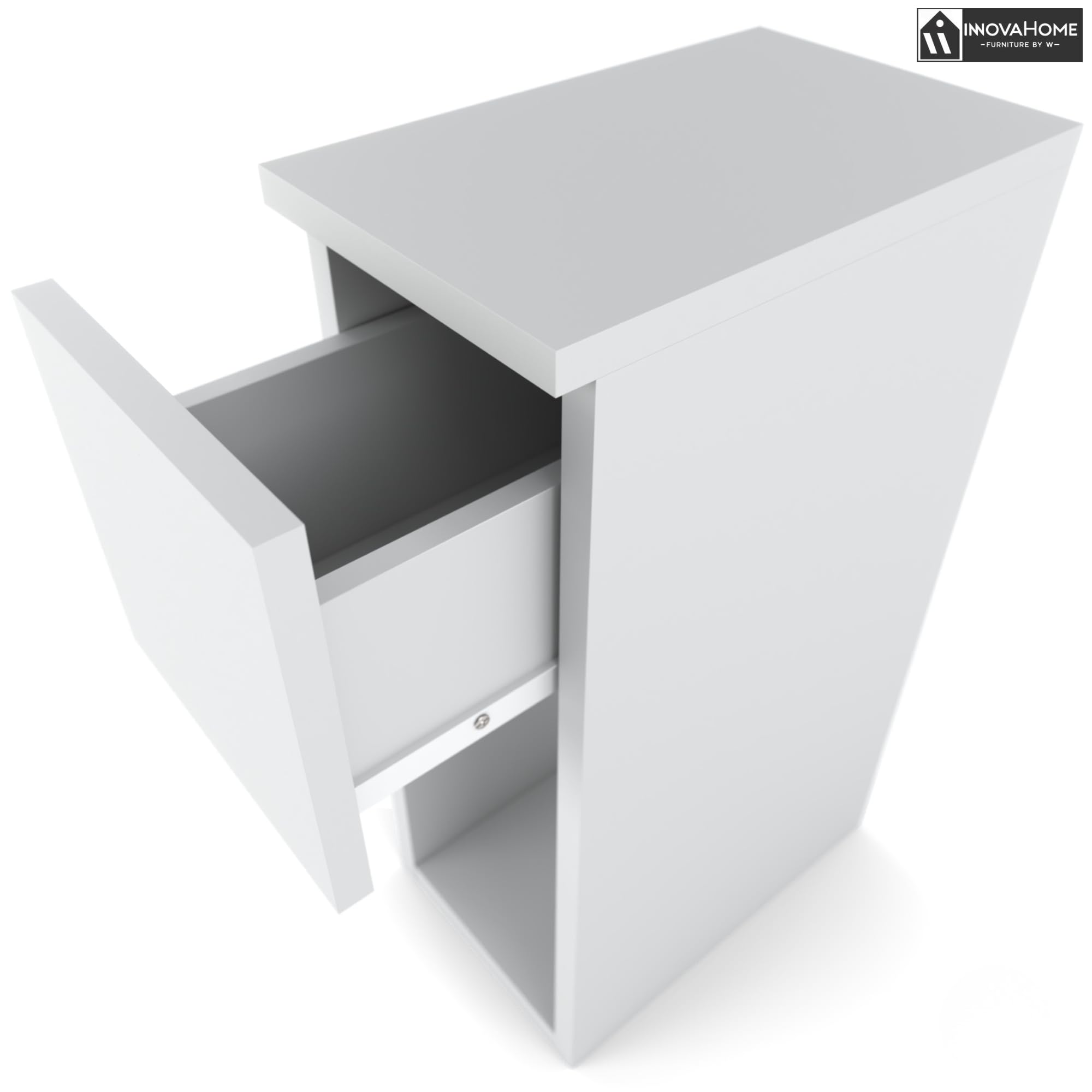 INNOVAHOME Nachttisch Schmal, Weiß Hochglanz, 20cm | Platzsparend, Tiefe 25cm Schublade, Beistelltisch für kleine Räume, Made in EU