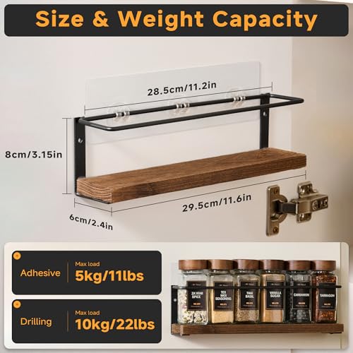 KitHero 2-Tier Wall Mount Spice Rack Organizer - Screw/Adhesive Mount, Black Metal & Wood Spice Storage for Kitchen Pantry Cabinet, 11.6”L x 2.4”W x 3.2”H,Spice Jars Not Included by KitHero - Image 3