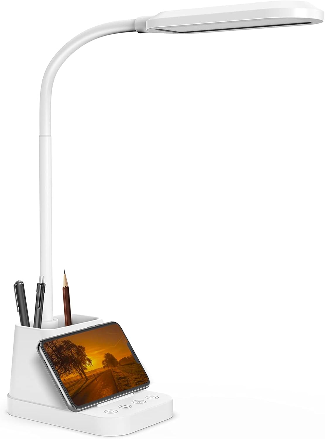 LED Desk Lamp with USB Charging Port, AXX Desk Lamps for Home Office, Small Desk Light for Desktop, Office Lamp for Desk Reading, Black, 650LM, Gooseneck, Pen Holder, Study Lamps for College Dorm Room - - 