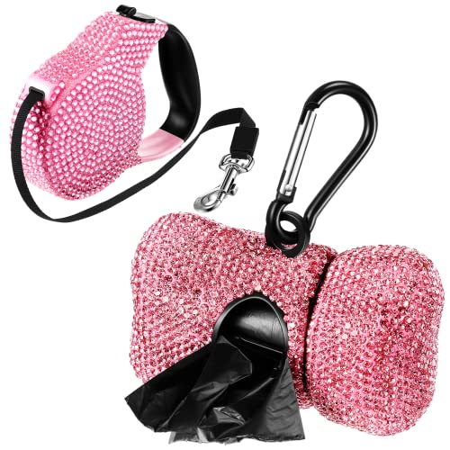 2 Pack Rhinestone Retractable Dog Leash and Bag Holder Set Pink Bling Bone Shaped Pet Waste Bags Dispenser with Metal Clip Heavy Duty Dog Leash for Most Puppy